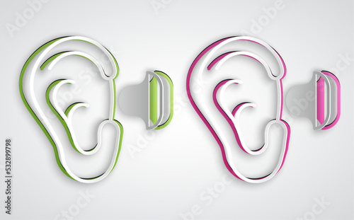 Paper cut Earplugs and ear icon isolated on grey background. Ear plug sign. Noise symbol. Sleeping quality concept. Paper art style. Vector