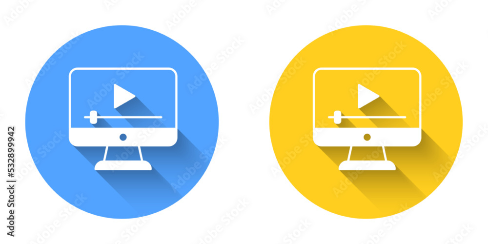 White Online play video icon isolated with long shadow background. Film strip with play sign. Circle button. Vector