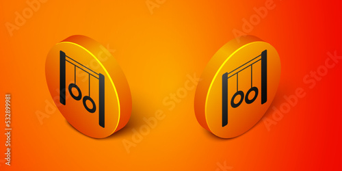 Isometric Gymnastic rings icon isolated on orange background. Playground equipment with hanging rope with rings. Orange circle button. Vector
