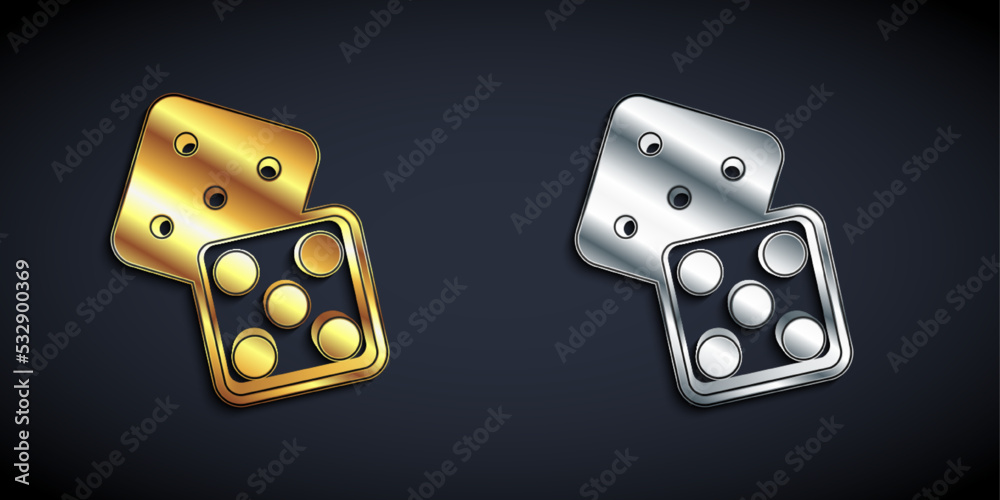 Gold and silver Game dice icon isolated on black background. Casino gambling. Long shadow style. Vector