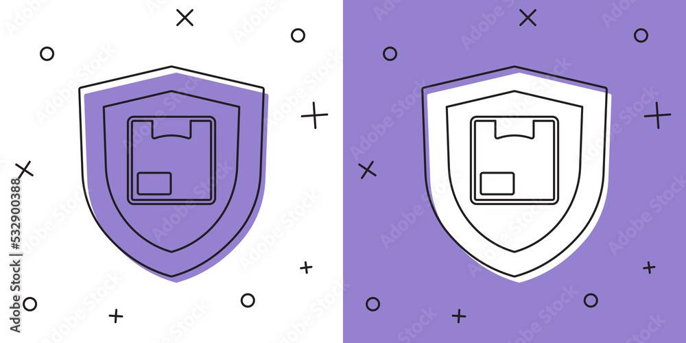 Set Delivery security with shield icon isolated on white and purple background. Delivery insurance. Insured cardboard boxes beyond the shield. Vector Set Delivery security with shield icon isolated on white and purple background. Delivery insurance. Insured cardboard boxes beyond the shield. Vector