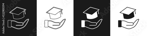 Set Education grant icon isolated on black and white background. Tuition fee, financial education, budget fund, scholarship program, graduation hat. Vector