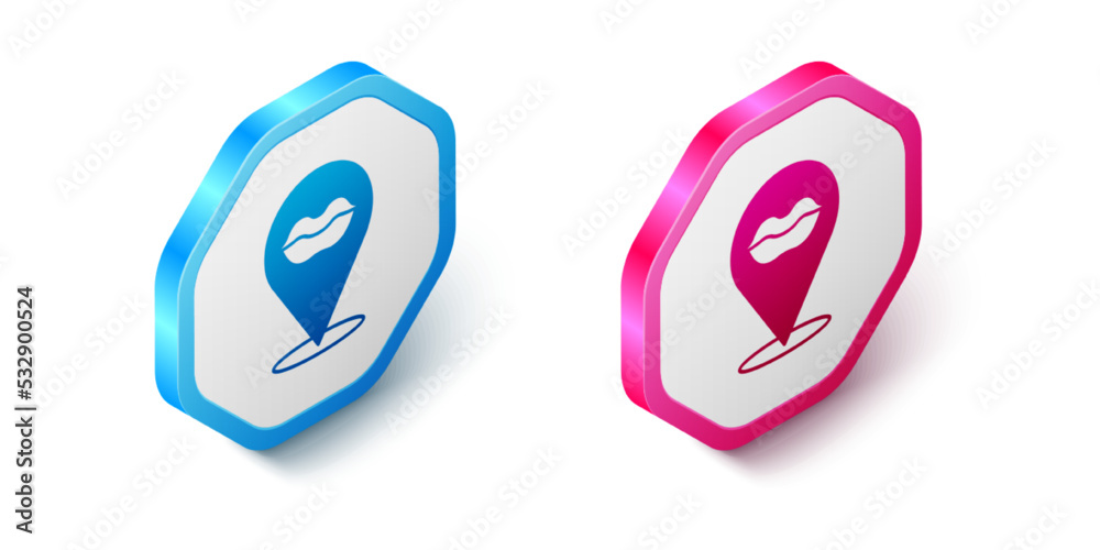 Isometric Smiling lips icon isolated on white background. Smile symbol. Hexagon button. Vector Isometric Smiling lips icon isolated on white background. Smile symbol. Hexagon button. Vector