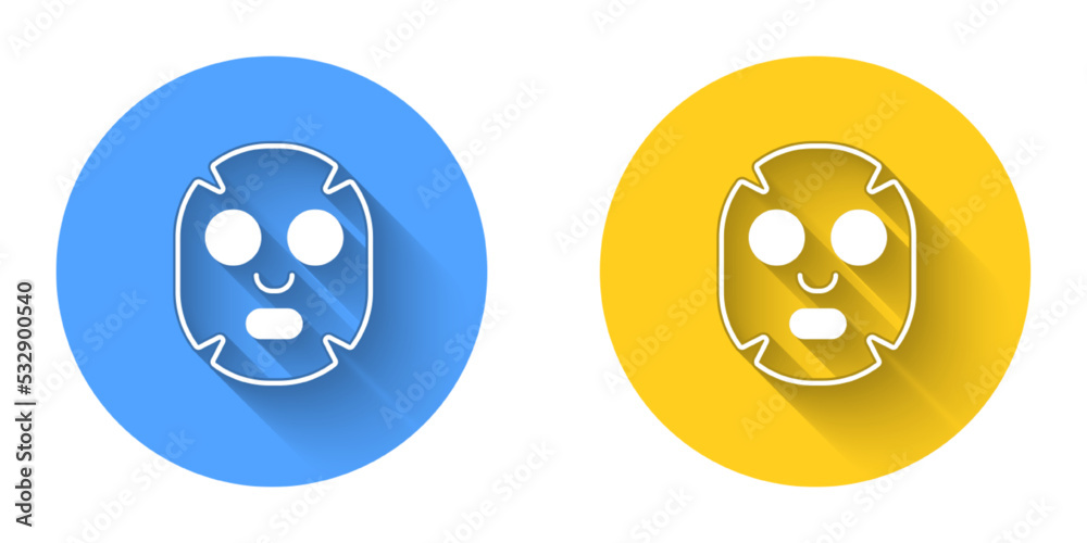 White Facial cosmetic mask icon isolated with long shadow background. Cosmetology, medicine and health care. Circle button. Vector White Facial cosmetic mask icon isolated with long shadow background. Cosmetology, medicine and health care. Circle button. Vector