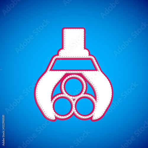 White Grapple crane grabbed a log icon isolated on blue background. Forest industry. Industrial crane for lumber trunk wood production. Vector