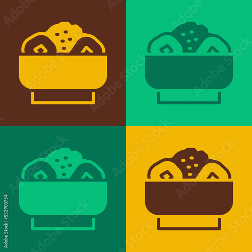 Pop art Chow mein on plate icon isolated on color background. Asian food. Vector