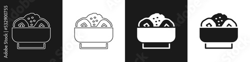 Set Chow mein on plate icon isolated on black and white background. Asian food. Vector