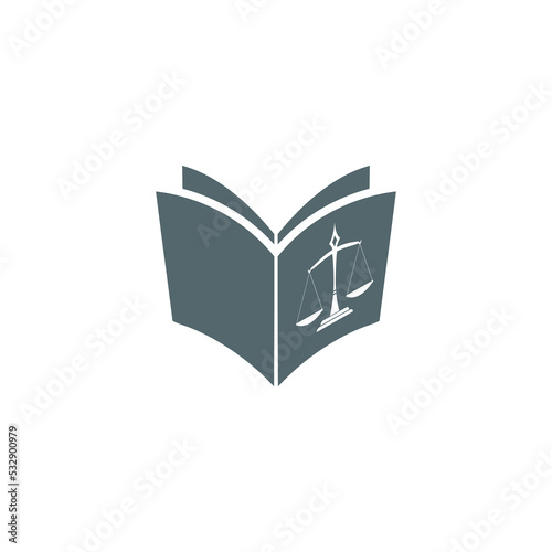 Law and Government icon. Law book and scales logo isolated on white background