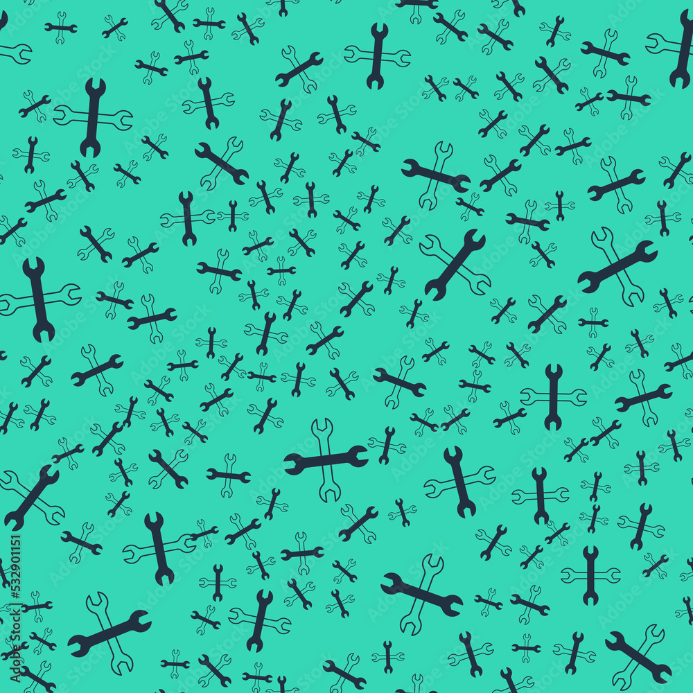 Black Wrench spanner icon isolated seamless pattern on green background. Spanner repair tool. Service tool symbol. Vector Black Wrench spanner icon isolated seamless pattern on green background. Spanner repair tool. Service tool symbol. Vector