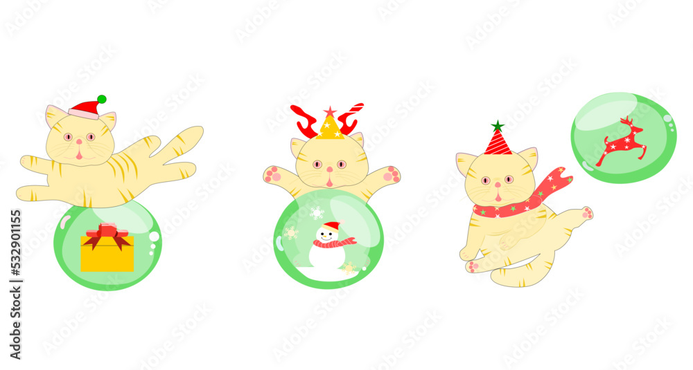 Fototapeta premium cute cat Christmas with reindeer , snowman , gift bubble chrismas concept vector illustration.