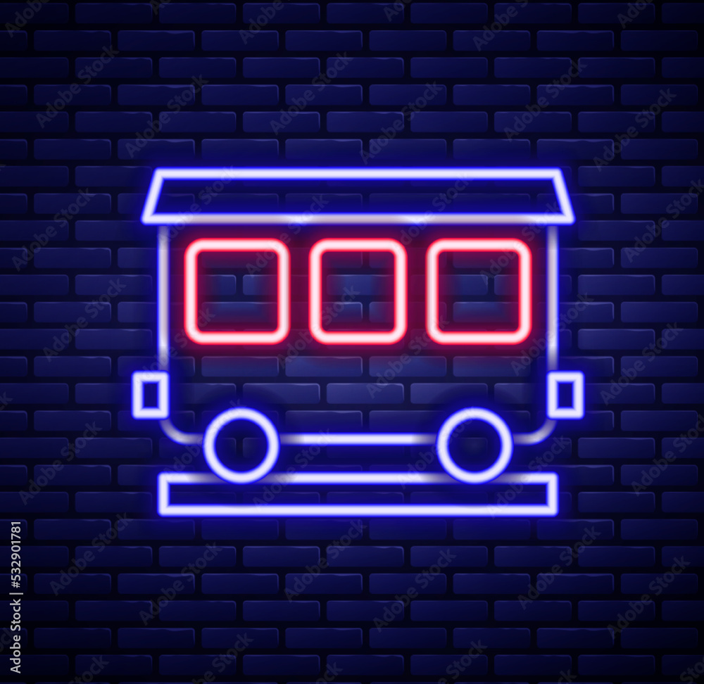 Glowing neon line Passenger train cars icon isolated on brick wall background. Railway carriage. Colorful outline concept. Vector Glowing neon line Passenger train cars icon isolated on brick wall background. Railway carriage. Colorful outline concept. Vector