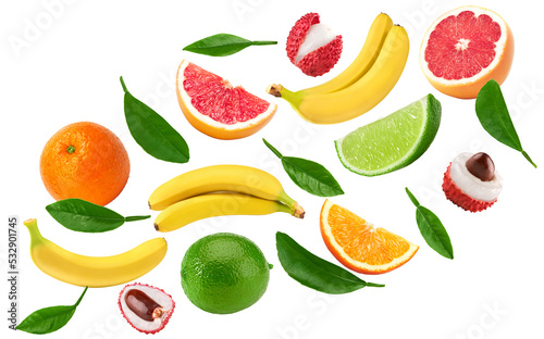 flying exotic fruits. banana, lime, lichee, grapefruit and orange fruit isolated on white background. clipping path