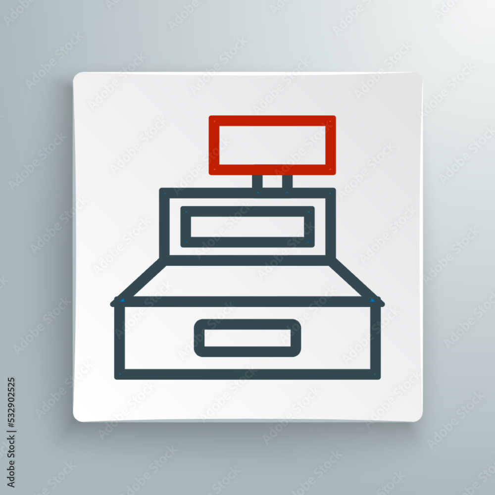 Line Cash register machine with a check icon isolated on white background. Cashier sign. Cashbox symbol. Colorful outline concept. Vector Line Cash register machine with a check icon isolated on white background. Cashier sign. Cashbox symbol. Colorful outline concept. Vector