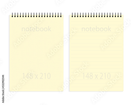 notebook a5 148x210. Yellow blank notepad paper page template with  squared lines. Mock up cover for business memo diary and empty sketchbook with spirals.