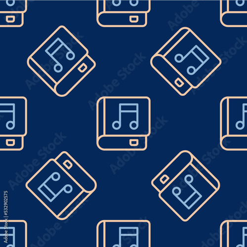 Line Audio book icon isolated seamless pattern on blue background. Musical note with book. Audio guide sign. Online learning concept. Vector