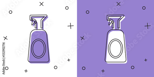 Set Cleaning spray bottle with detergent liquid icon isolated on white and purple background. Vector