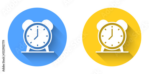 White Alarm clock icon isolated with long shadow background. Wake up, get up concept. Time sign. Circle button. Vector