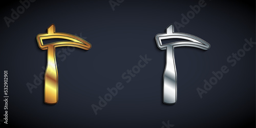 Gold and silver Scythe icon isolated on black background. Happy Halloween party. Long shadow style. Vector