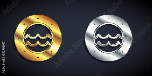 Gold and silver Ship porthole with rivets and seascape outside icon isolated on black background. Long shadow style. Vector