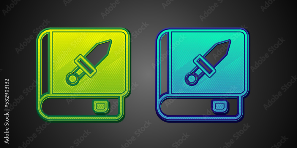 Green and blue Book about weapon icon isolated on black background. Small firearm. Weapon catalog. Vector Green and blue Book about weapon icon isolated on black background. Small firearm. Weapon catalog. Vector