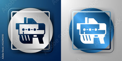 White Futuristic space gun blaster icon isolated on blue and grey background. Laser Handgun. Alien Weapon. Silver and blue square button. Vector