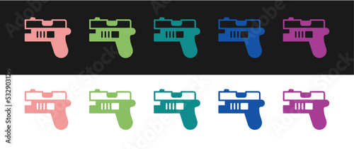 Set Futuristic space gun blaster icon isolated on black and white background. Laser Handgun. Alien Weapon. Vector