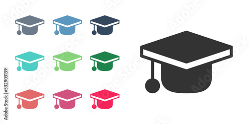Black Graduation cap icon isolated on white background. Graduation hat with tassel icon. Set icons colorful. Vector