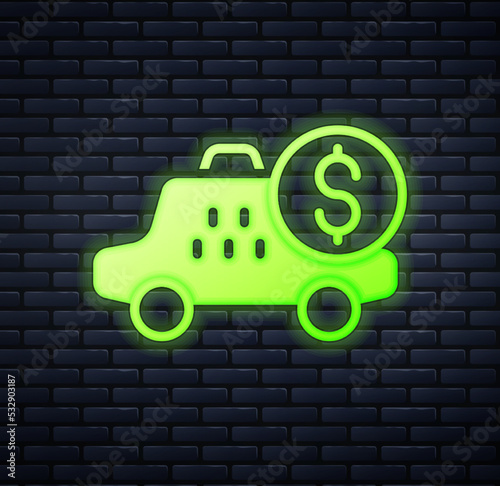 Glowing neon Taximeter device icon isolated on brick wall background. Measurement appliance for passenger fare in taxi car. Vector