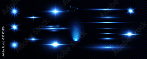 Bright particles, burning blue lights, stars, lasers. Vector.