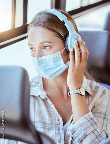 Covid, face mask or headphones on woman in bus for city travel, public transport or location commute. Thinking, fashion or relax student in virus compliance listening to podcast, radio or music audio