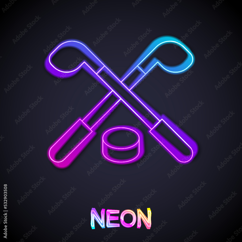 Glowing neon line Ice hockey sticks and puck icon isolated on black background. Game start. Vector Glowing neon line Ice hockey sticks and puck icon isolated on black background. Game start. Vector