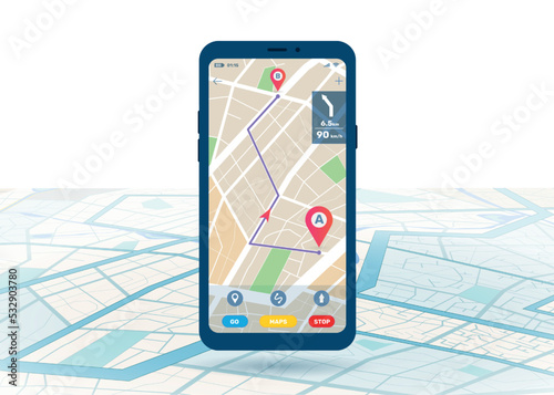 Phone map. GPS smartphone navigator app. Car transportation route. Mobile screen. Delivery search application. Tourism road. Location pin icons. Transport path. Vector flat dashboard