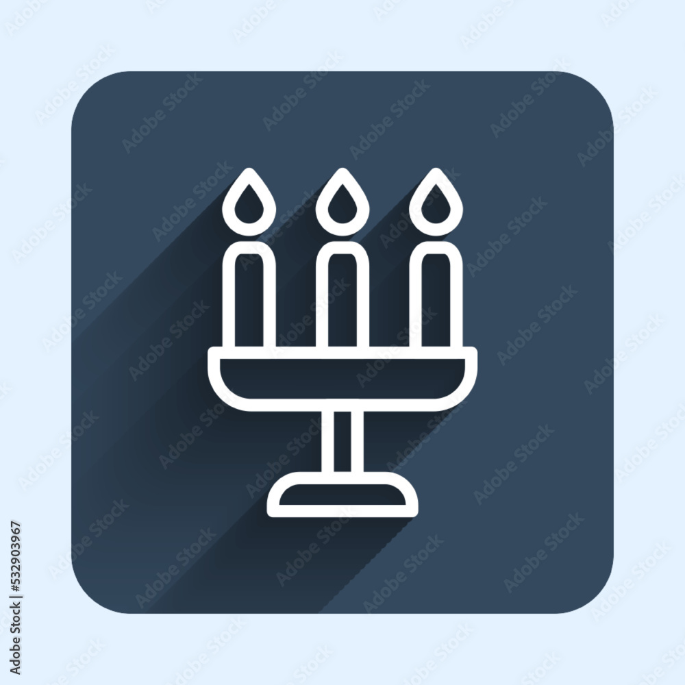 White line Candelabrum with three candlesticks icon isolated with long shadow background. Blue square button. Vector White line Candelabrum with three candlesticks icon isolated with long shadow background. Blue square button. Vector