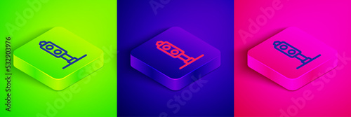 Isometric line Train traffic light icon isolated on green, blue and pink background. Traffic lights for the railway to regulate the movement of trains. Square button. Vector