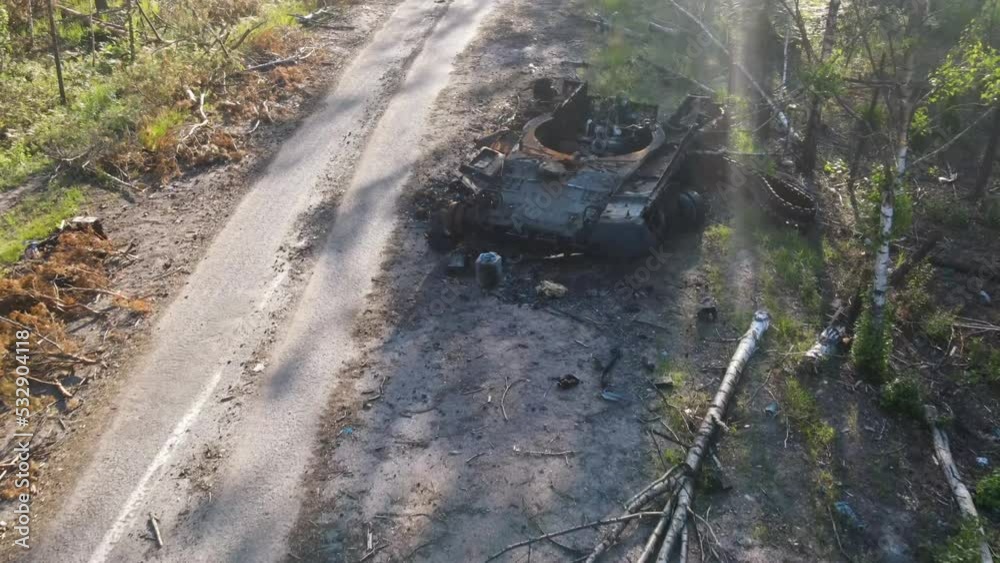 War in Ukraine, Remains of Destroyed and burned by Ukrainian army, russian battle tank of the Russian invaders after counteroffensive War in Ukraine, Remains of Destroyed and burned by Ukrainian army, russian battle tank of the Russian invaders after counteroffensive