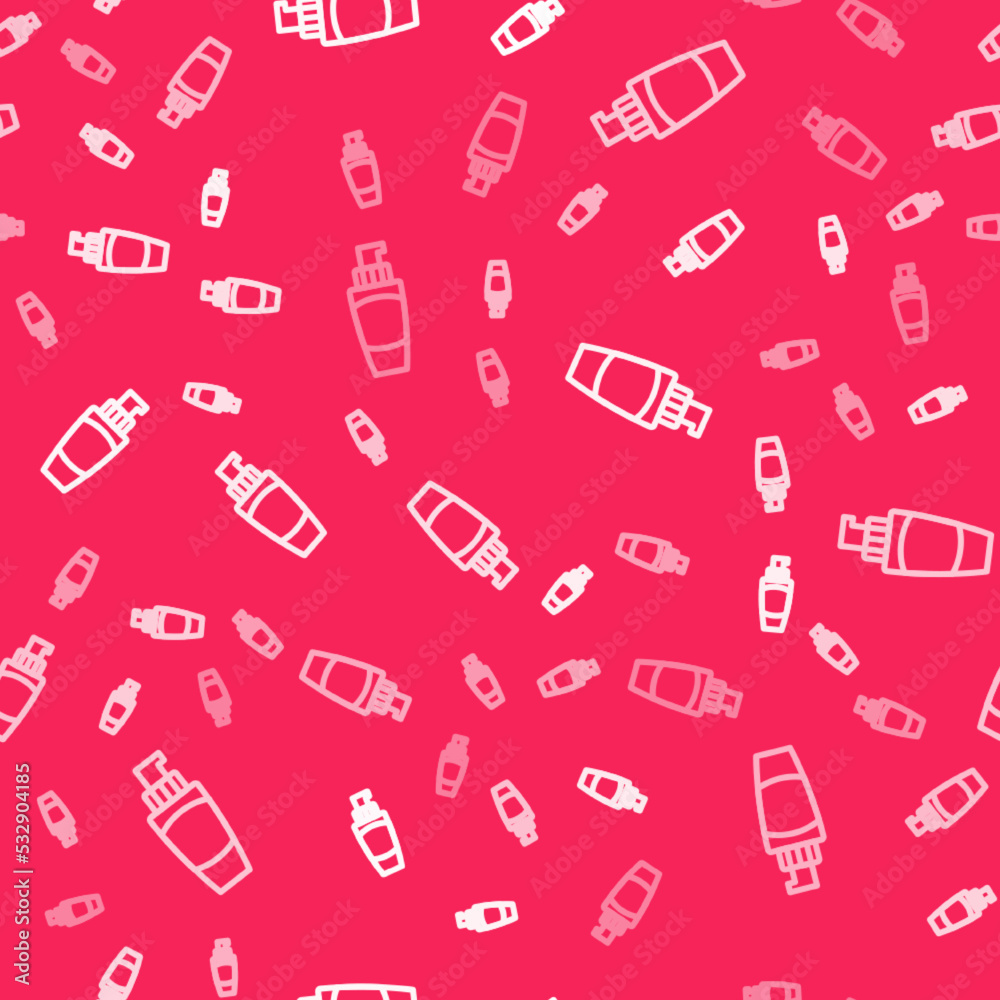 White line Tube of hand cream icon isolated seamless pattern on red background. Vector