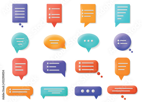3d dialogue bubbles, circle and square speech box, online talk. Colorful cloud boxes for business message, conversation, comments and quotation symbol. Web Dialogue. Vector icon set