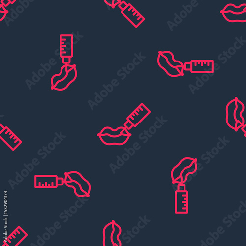 Red line Lip augmentation icon isolated seamless pattern on black background. Hyaluronic acid lips injection. Contour plastic. Vector