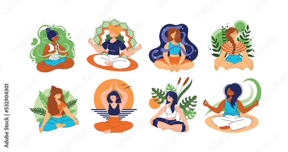 Fototapeta premium Meditate women set. Cute characters in zen, tranquility lifestyle. Happy girls in meditation asana, leaves and flowers. Wellness and yoga in lotus pose. Vector cartoon flat set
