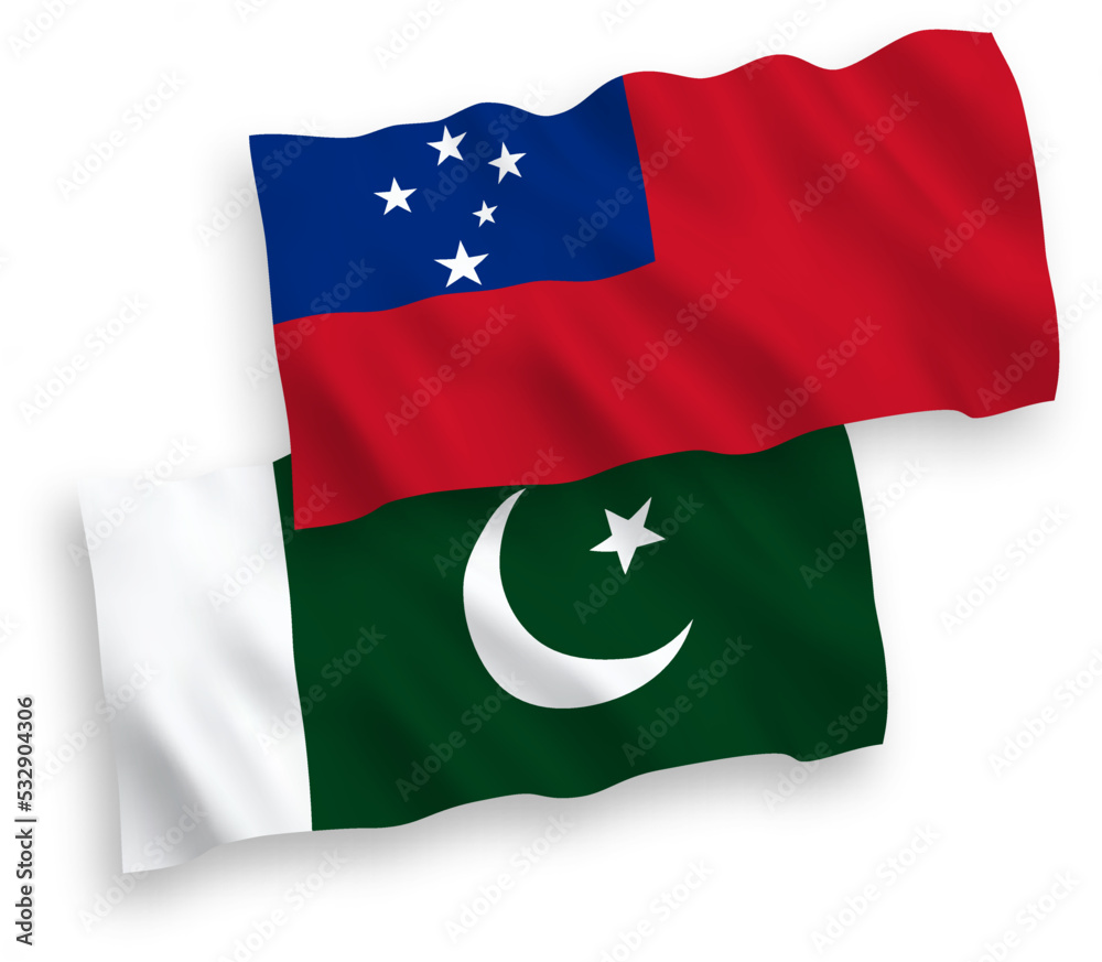 National vector fabric wave flags of Independent State of Samoa and Pakistan isolated on white background. 1 to 2 proportion. National vector fabric wave flags of Independent State of Samoa and Pakistan isolated on white background. 1 to 2 proportion.