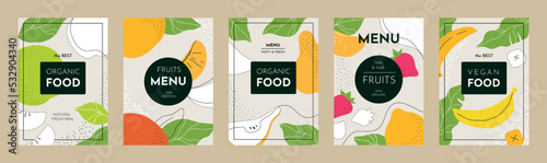 Organic healthy food posters. Nature menu background, brochure or flyer, banner template for vegetable restaurant, vegan fruits. Tropical discount offer, card or coupon. Vector design