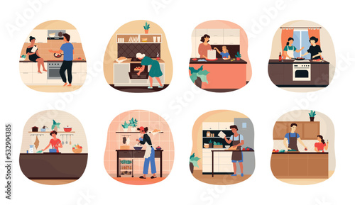 Family cook at kitchen. Grandmother bakes cake. Woman with children prepare salad. Girl making lunch. Dinner on table. Grandchildren at home. Meal preparation. Vector illustration set