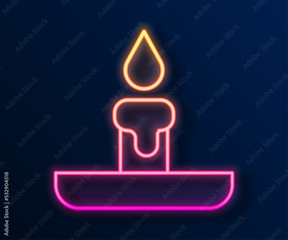 Glowing neon line Burning candle in candlestick icon isolated on black background. Cylindrical candle stick with burning flame. Vector Glowing neon line Burning candle in candlestick icon isolated on black background. Cylindrical candle stick with burning flame. Vector