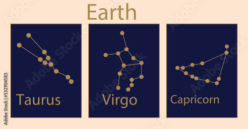 Zodiac signs. Star constellations. Taurus and Virgo. Capricorn symbol. Astrological horoscope starry structure. Astrology calendar. Esoteric abstract icons set. Vector zodiacal poster