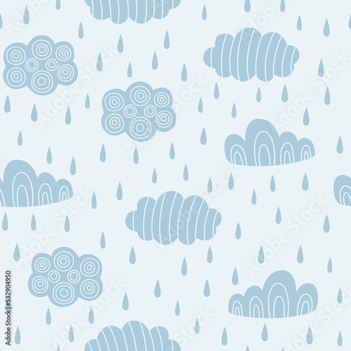 Abstract hand drawn pattern with cloud and rain. Weather background. Clouds pattern for baby. Doodle style. For textiles, clothing, bed linen, office supplies.