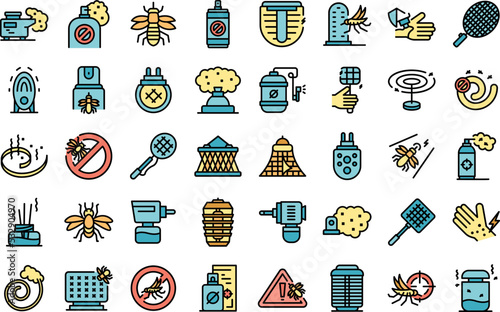 Mosquito protective icons set outline vector. Aerosol bite. Insect repellent thin line color flat on white