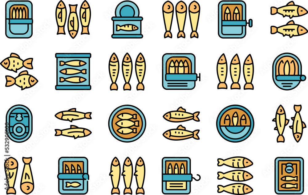 Sardine icons set outline vector. Can fish. Oil fish snack thin line color flat on white - obrazy, fototapety, plakaty 