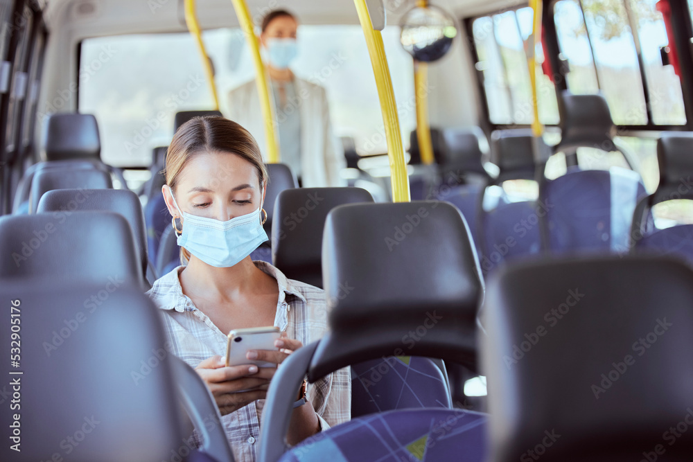 Covid, travel and phone social media with mask for illness prevention on public bus trip. Safety protocol girl face protection online with mobile app for transport leisure entertainment. Covid, travel and phone social media with mask for illness prevention on public bus trip. Safety protocol girl face protection online with mobile app for transport leisure entertainment.