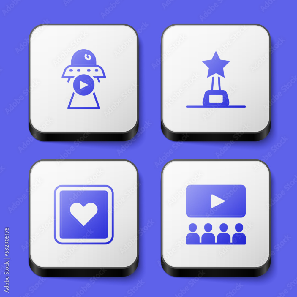 Set Science fiction, Movie trophy, Like heart and Cinema auditorium with screen icon. White square button. Vector