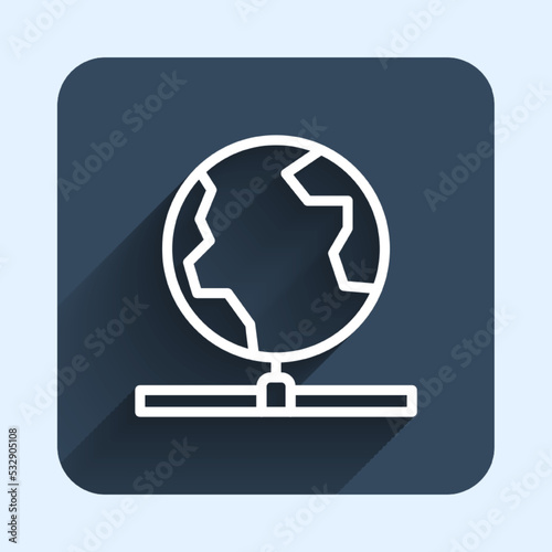 White line Global technology or social network icon isolated with long shadow background. Blue square button. Vector